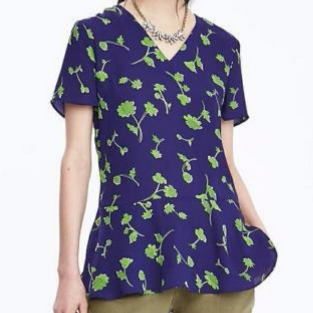BANANA REPUBLIC printed V-neck peplum top navy green Sz M